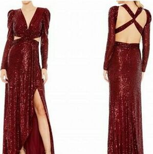 Mac Duggal NWT Wine Red Sequin Criss-Cross Cutout Maxi Gown Dress Size 0 #26739